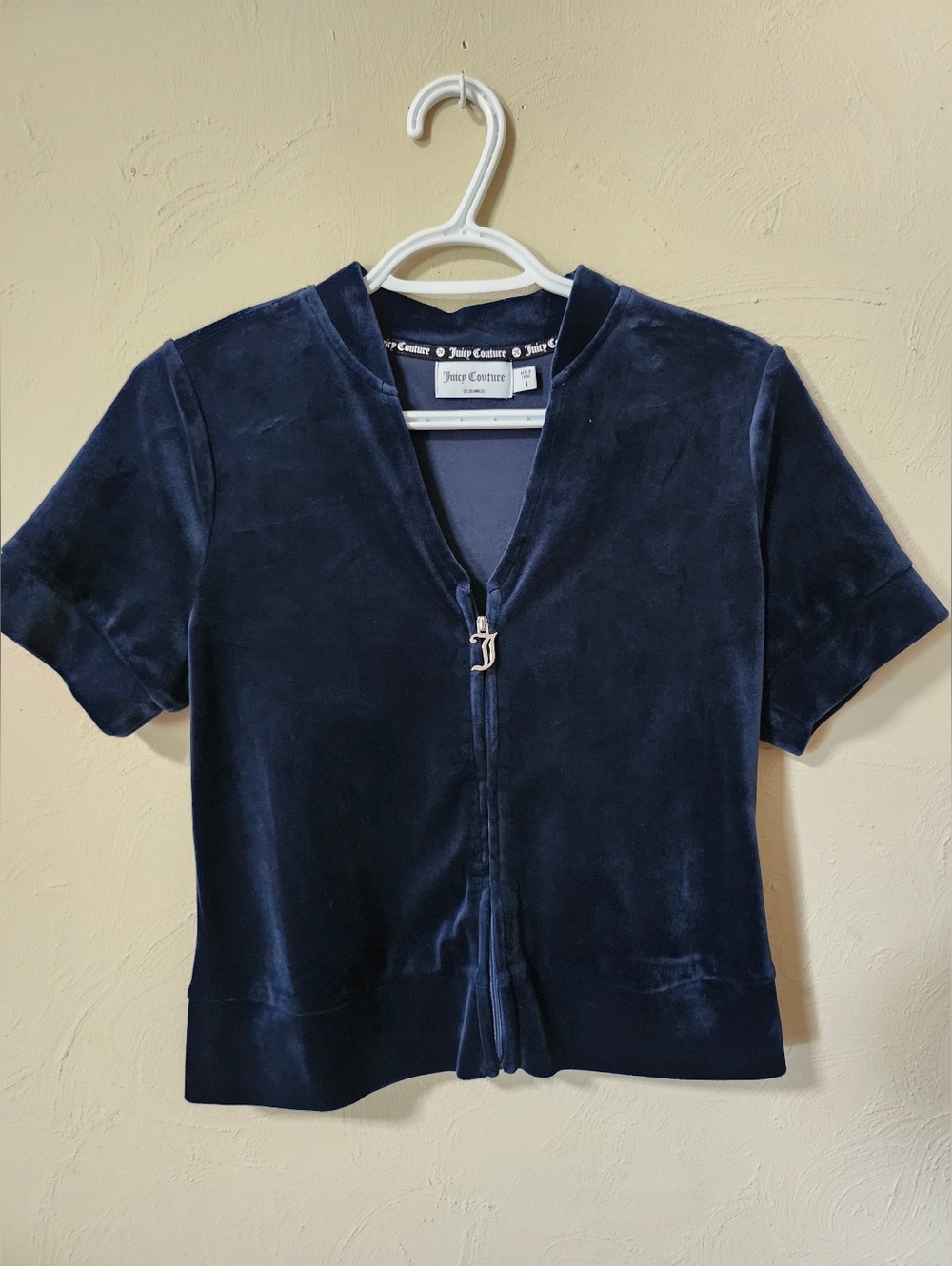 Juicy Couture Navy Velour Short Sleeve Zip Top